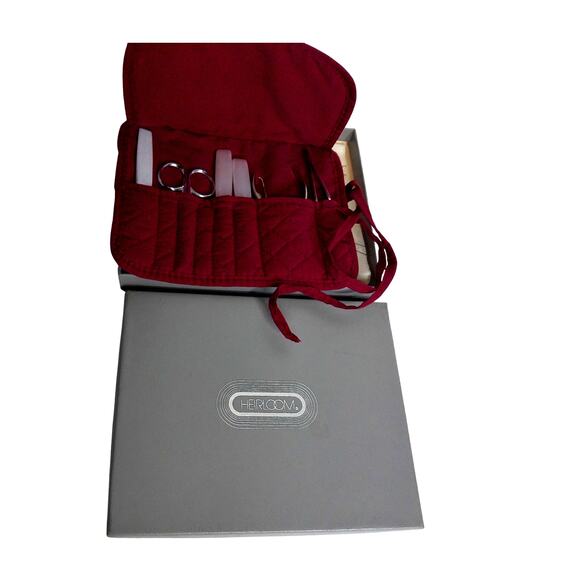 Horizon 6-Piece Manicure Grooming Set Quilted Red Case And Grey Storage Box - Picture 2 of 6